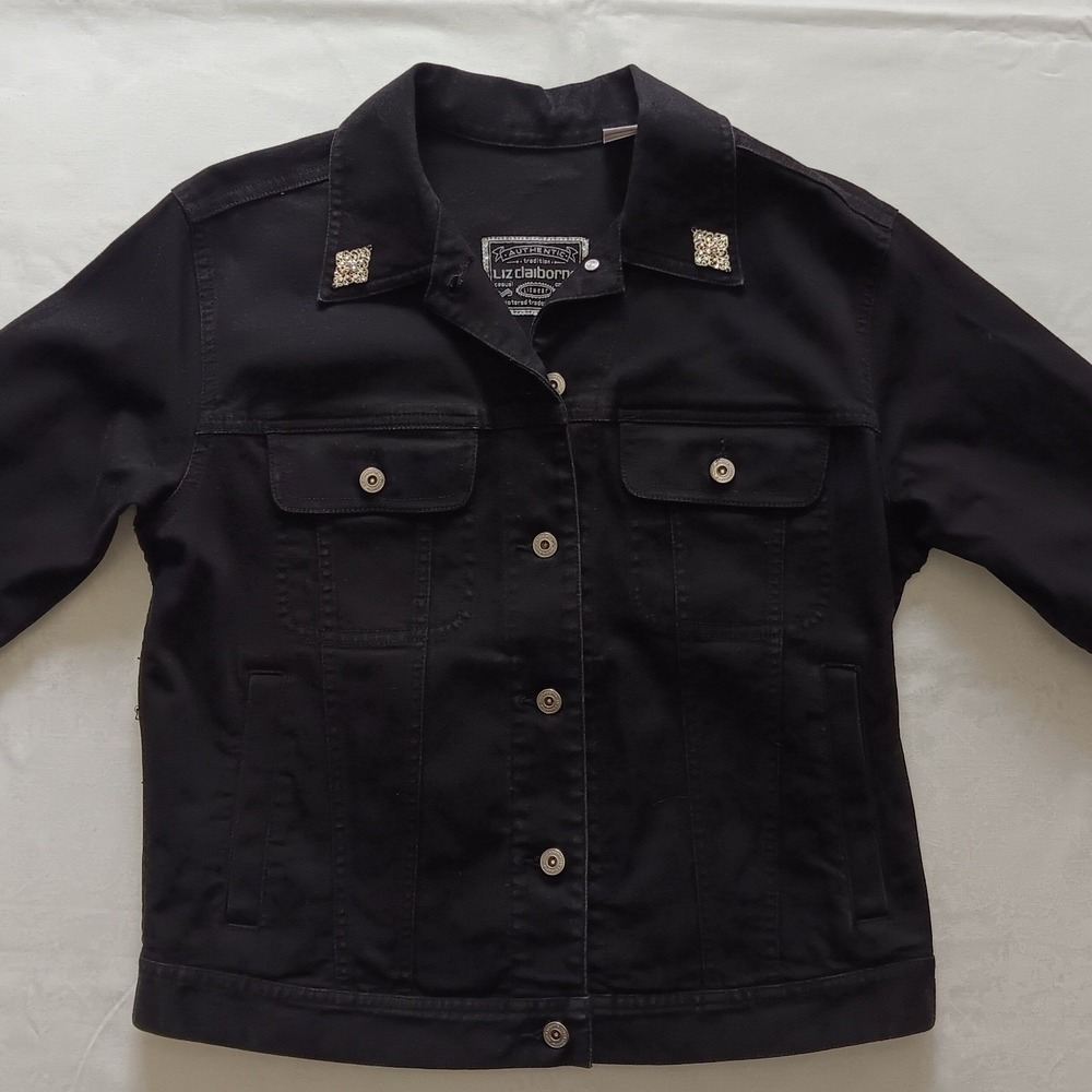 Liz Claiborne Lizwear Black Denim Trucker Jacket Rhinestone Collar Womens Medium